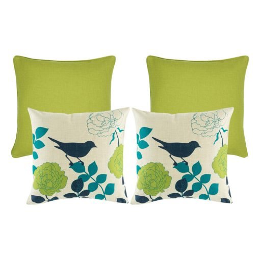 A photo of four, lime colour based square cushions