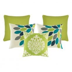 A set of 5 lime coloured square cushions