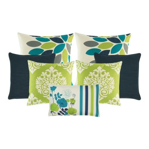 A set of 7 cushion covers in lime and teal colours with floral designs