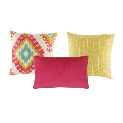 A set of 3 cushion covers with yellow and fuchsia colours