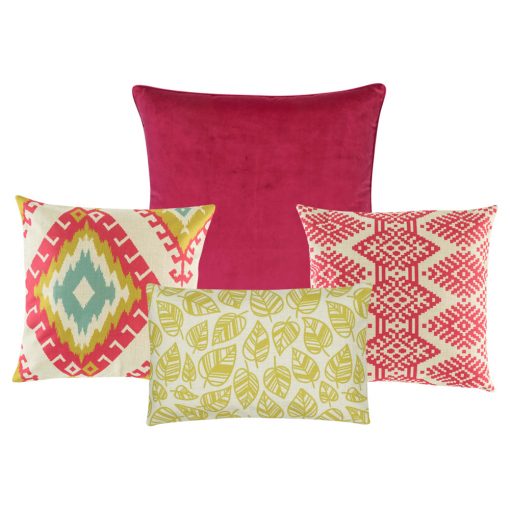 A set of 4 cushions with leaf and diamond patterns and in yellow and fuchsia colours