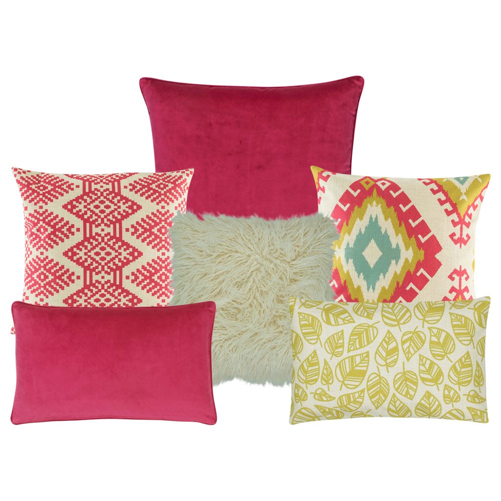 A collection of 6 fuchsia and yellow cushions with diamond and leaf designs
