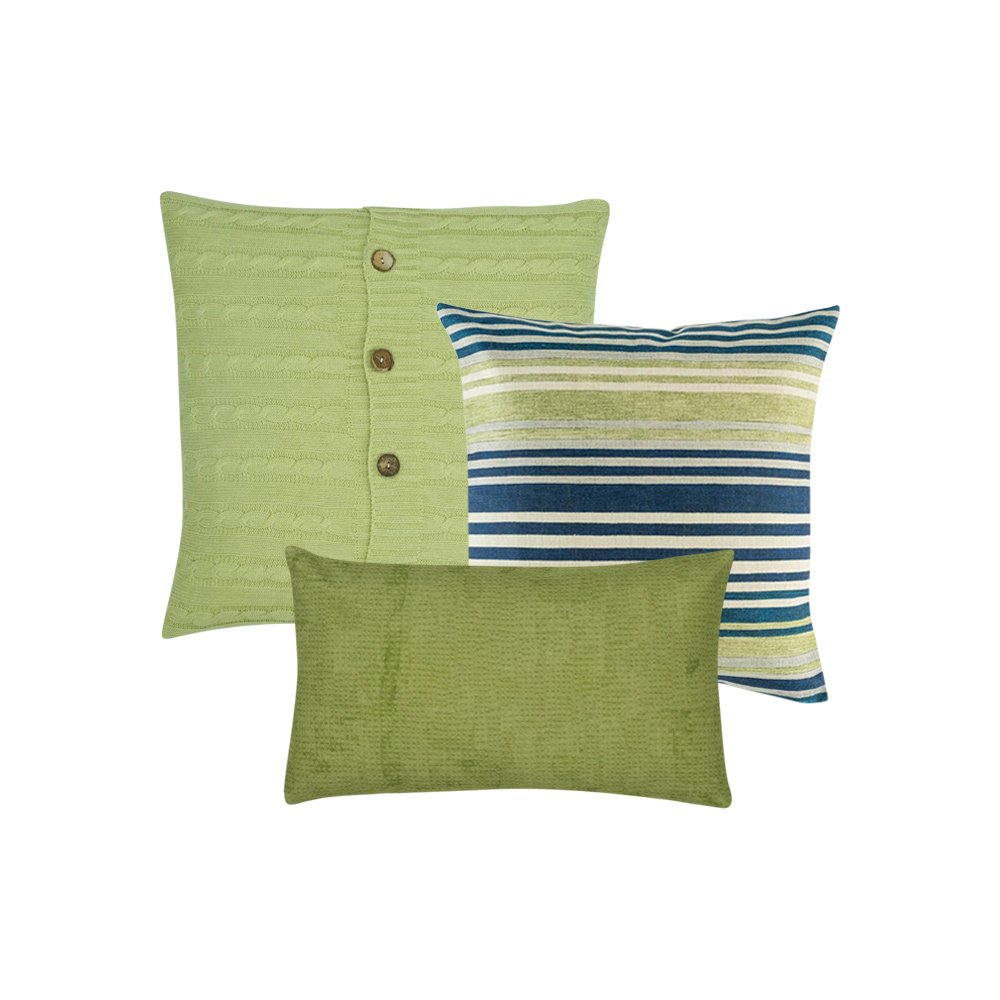 A set of 3 green, square and rectangular cushion covers in cable knit, line and solid patterns