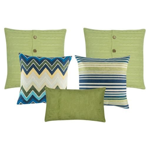 A set of 5 green and blue cushions in square and rectangular shapes with cable knit, lines, chevron and solid patterns