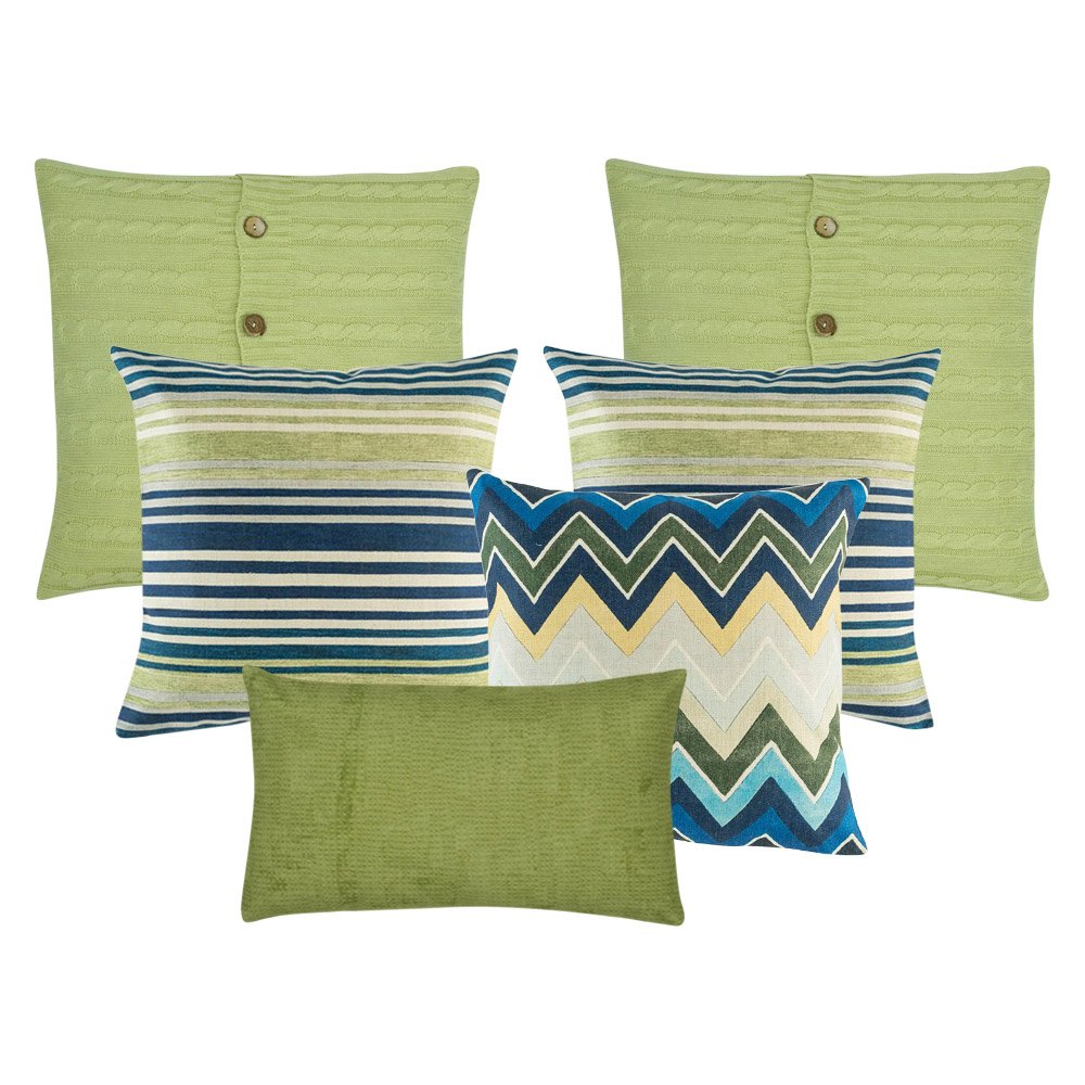 A set of 6 green and blue cushion covers in square and rectangular shapes with cable knit, lines, chevron and solid patterns