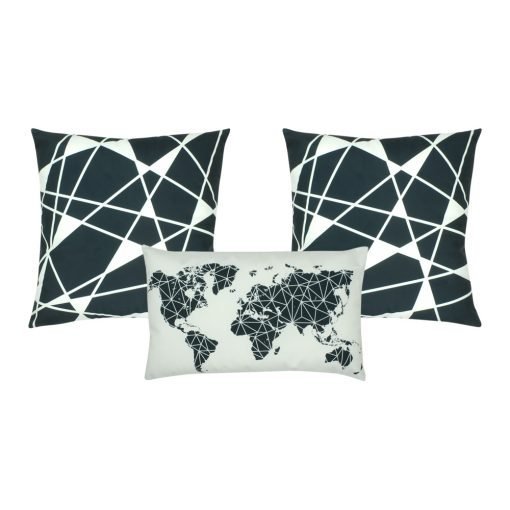 A collection 3 cushion covers with global map design and in grey and white colours