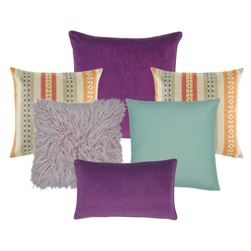 A collection of plum, lilac, teal and multi-colored cushions in square and rectangular shapes