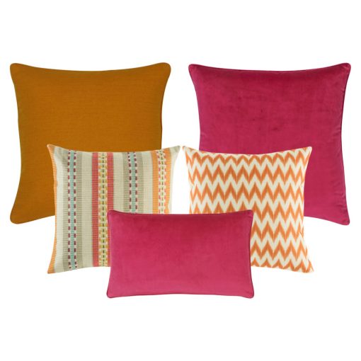 A collection of 5 cushion covers with solid, line and chevron patterns and in burnt orange, fuchsia and multi colours
