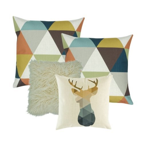 A collection of four cushion covers in teal, gold and white colours in triangle and moose design