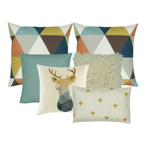 A collection of six cushions in teal, gold and white colours in triangle and moose design