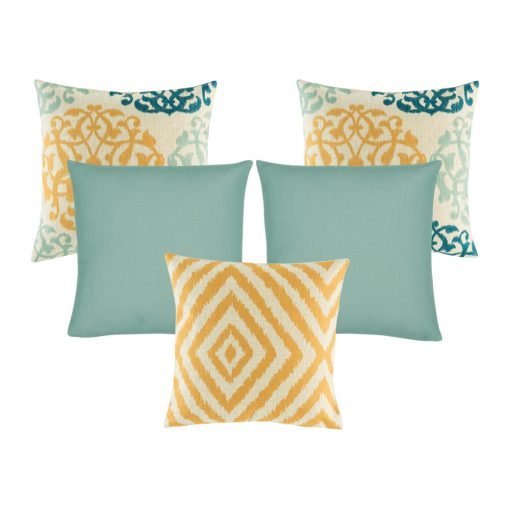 A collection of 5 square cushion covers with floral, chevron and solid patterns with duck egg and orange colours