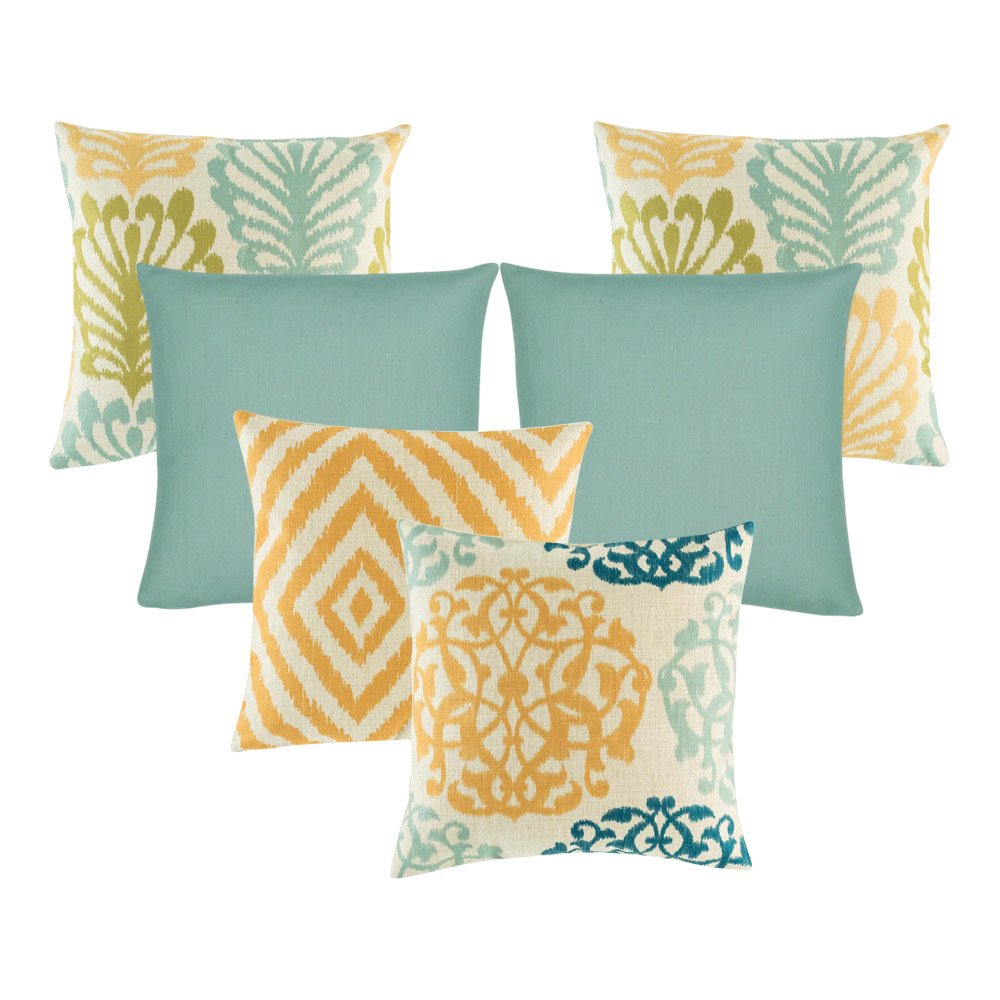 A collection of 6 square cushion covers with floral, chevron and solid patterns with duck egg, olive and orange colours