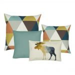 A set of 4 cushion covers with duck egg, blue and brown colours with moose print