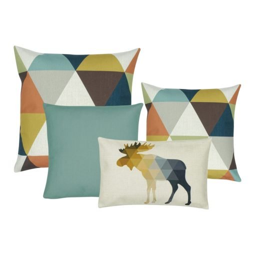 A set of 4 cushion covers with duck egg, blue and brown colours with moose print