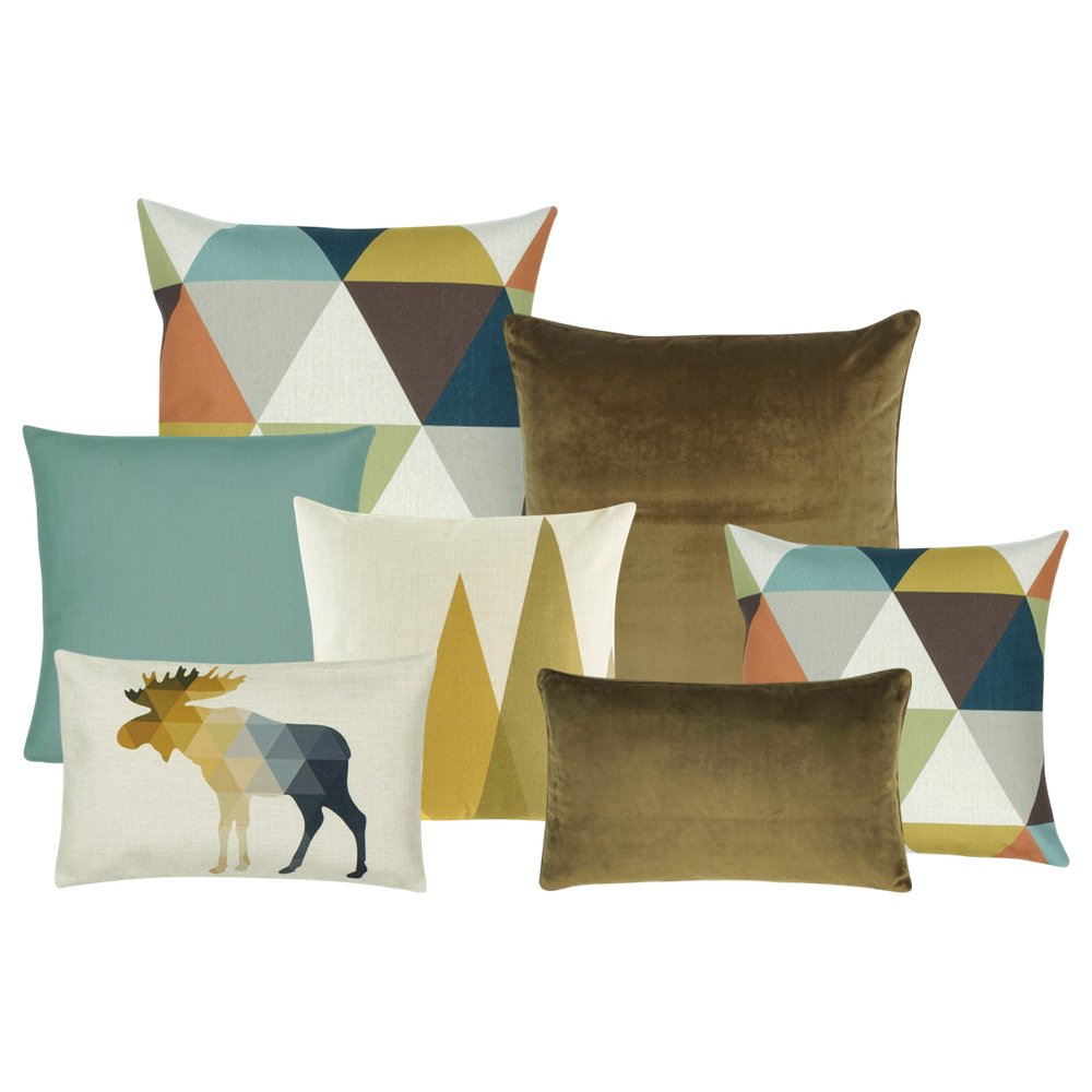 5 cushion covers with duck egg, brown and blue colours and in moose and triangle pattern