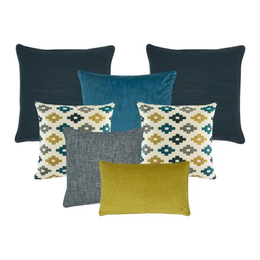 A mix of 7 rectangular and square cushion covers in grey, teal and mustard colours
