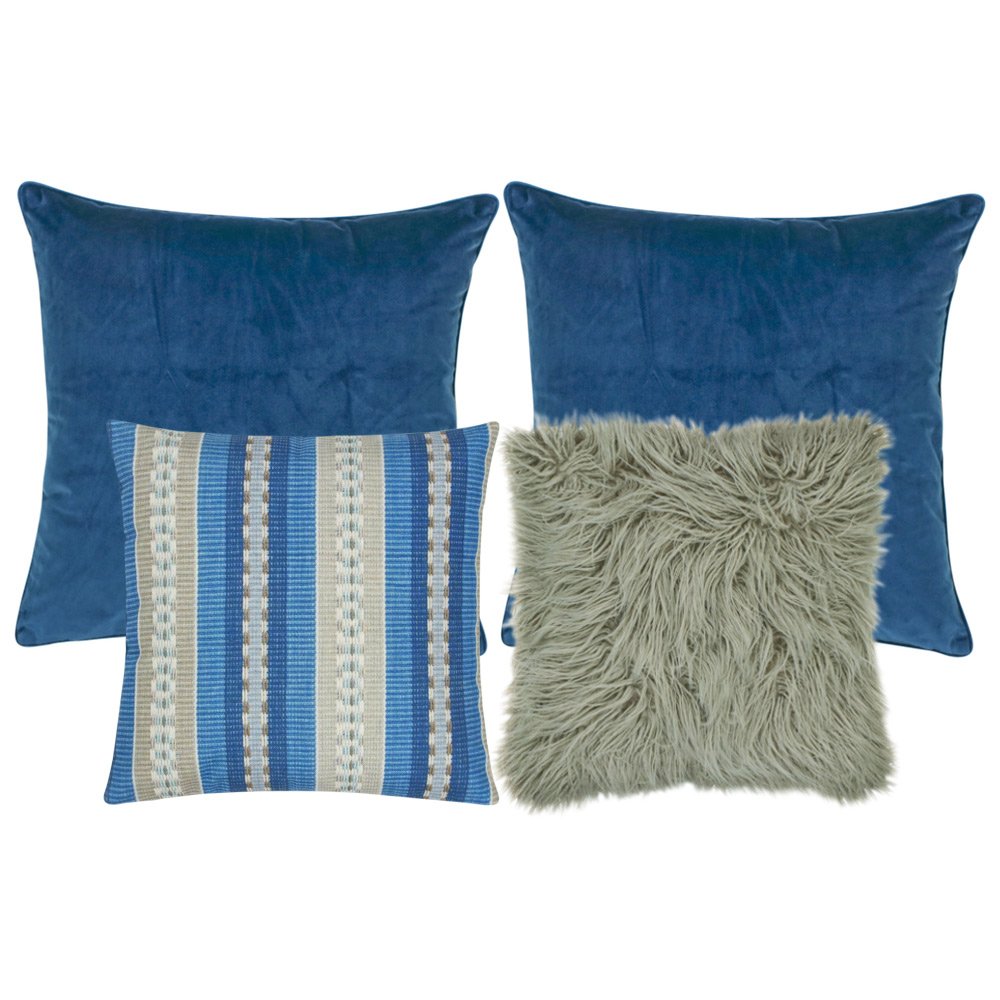 A collection of 4 cushion covers in blue and grey colours with solid and line patterns