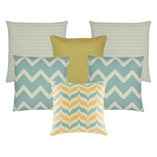 A set of 6 cushions in gold and teal colours with chevron and solid patterns