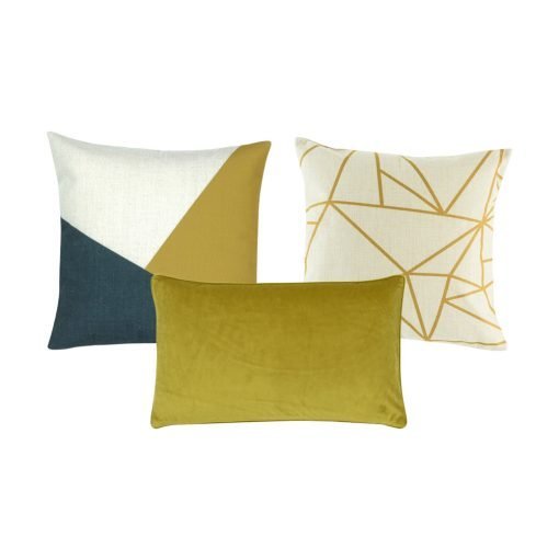 Image of three gold cushion covers with solid and linear designs