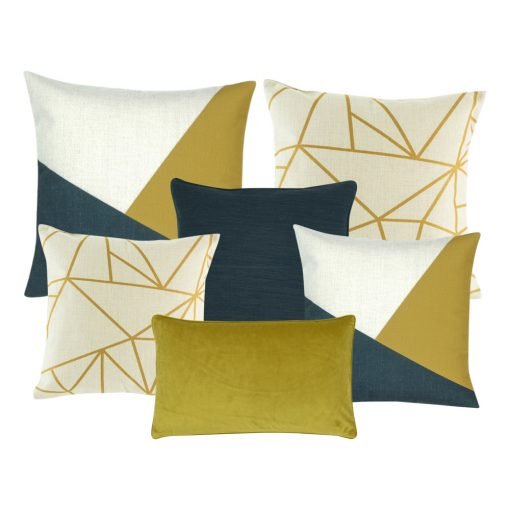 A collection of 6 square and rectangular cushion covers with linear pattern and in gold, blue and white colours
