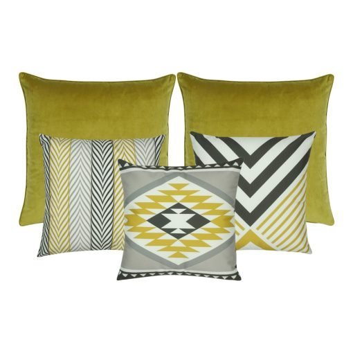 A set of 5 cushion covers in yellow and grey colours and with chevron pattern
