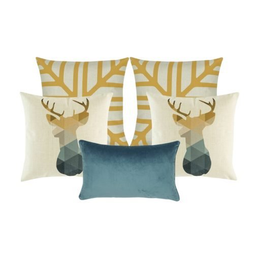 Photo of five cushion covers in gold, white and blue colours with moose design