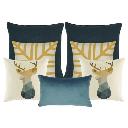 A collection of seven cushion covers in gold, white and blue colours