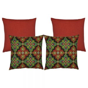 A set of 4 moroccan inspired outdoor cushion covers in red and green colours
