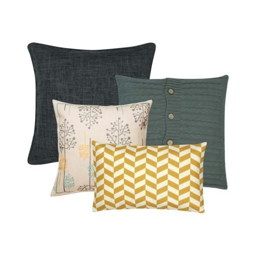 Image of four cushion covers in grey and gold colours with poppy and chevron designs