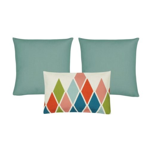 A set of 3 rectangular and square cushions in duck egg colour and diamond patterns