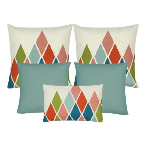 A set of 5 rectangular and square cushions in duck egg colour and diamond patterns