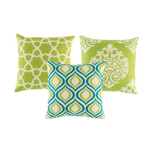 A set of 3 square lime and blue cushion covers with diamond and floral patterns