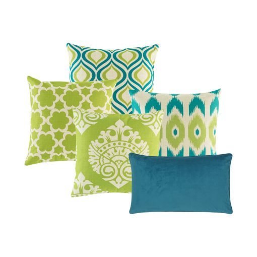 A set of 5 square and rectangular cushions in lime and blue colours