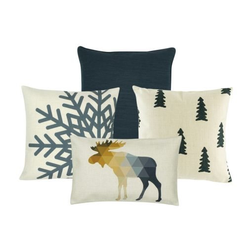 A collection of four grey and white cushions in winter Christmas prints