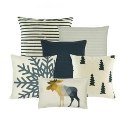 A mix of six cushion covers with stripes, tree, snowflakes and animal prints in grey and white colours