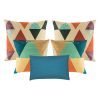A collection of 5 blue and multi-coloured cushions with diamond and triangle patterns