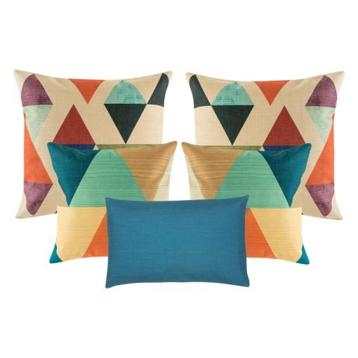 A collection of 5 blue and multi-coloured cushions with diamond and triangle patterns