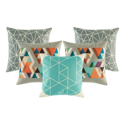 A mix of 5 square teal and grey cushions with triangle patterns