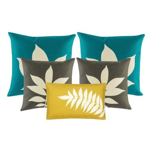 A collection of 5 cushions in teal, grey and yellow colours with leaf patterns