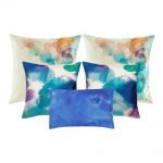 A collection of 5 cushion covers in shades of blue and teal colours