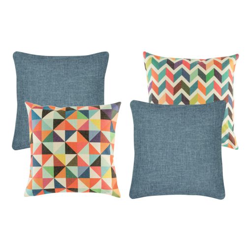 A set of 4 denim and rainbow coloured cushions with diamond and zigzag patterns