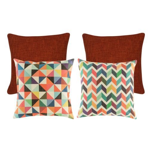 A set of 4 rainbow and red cushions with diamond and chevron patterns