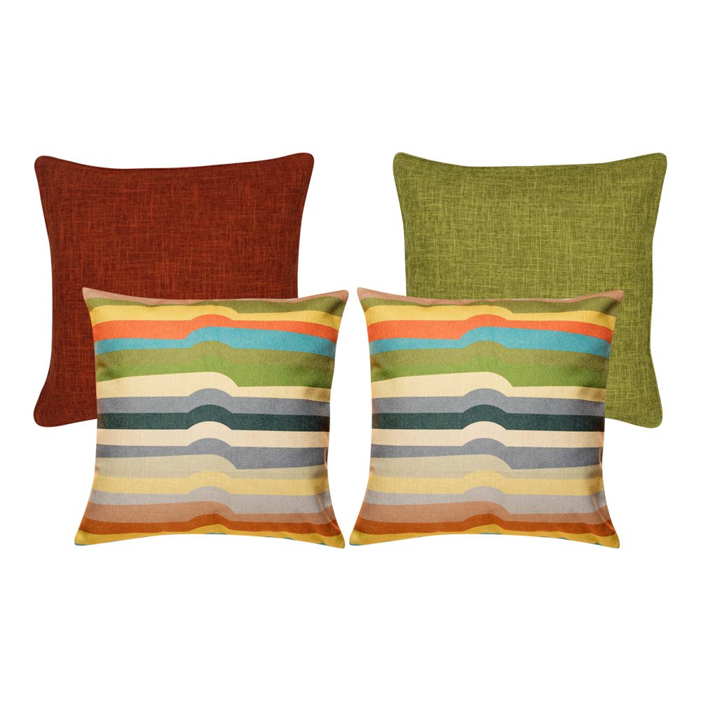 A collection of 4 multi-coloured, burnt orange and olive square cushions
