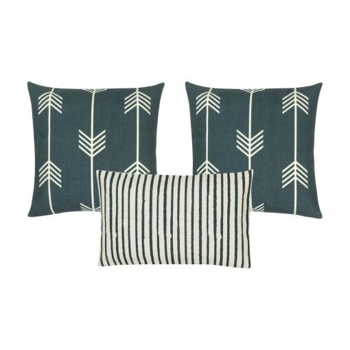 A photo of three cushion covers with arrow and stripes design, in white and grey colours
