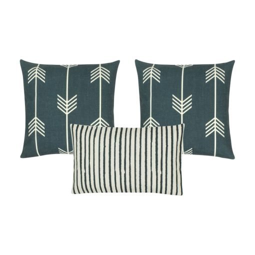 A photo of three cushion covers with arrow and stripes design, in white and grey colours