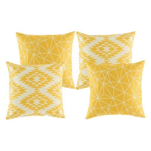 A collection of 4 square gold yellow cushions in geometric, modern patterns