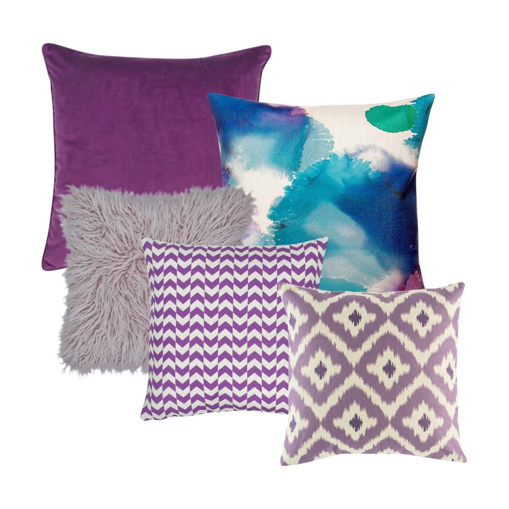 A set of 5 purple, plum, lilac square cushions with solid, diamond and zigzag patterns