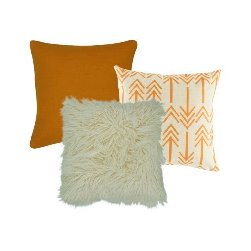 A collection of 3 cushion covers in orange and white colours and arrow pattern