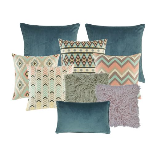 A set of 9 rectangular and square cushions with blue, grey, lilac, teal colours and with diamond and arrow patterns