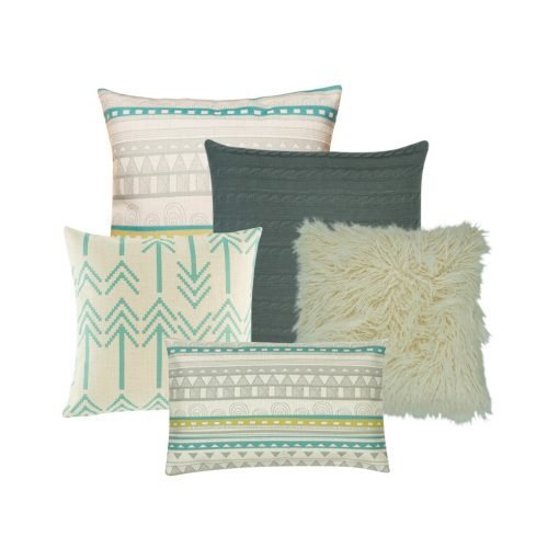 A mix of five rectangular and square cushions with white, teal and grey colours